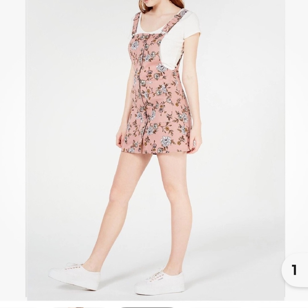 Tinseltown Overall Dress Floral Pockets Junior Large Adjustable Straps Blush Pin